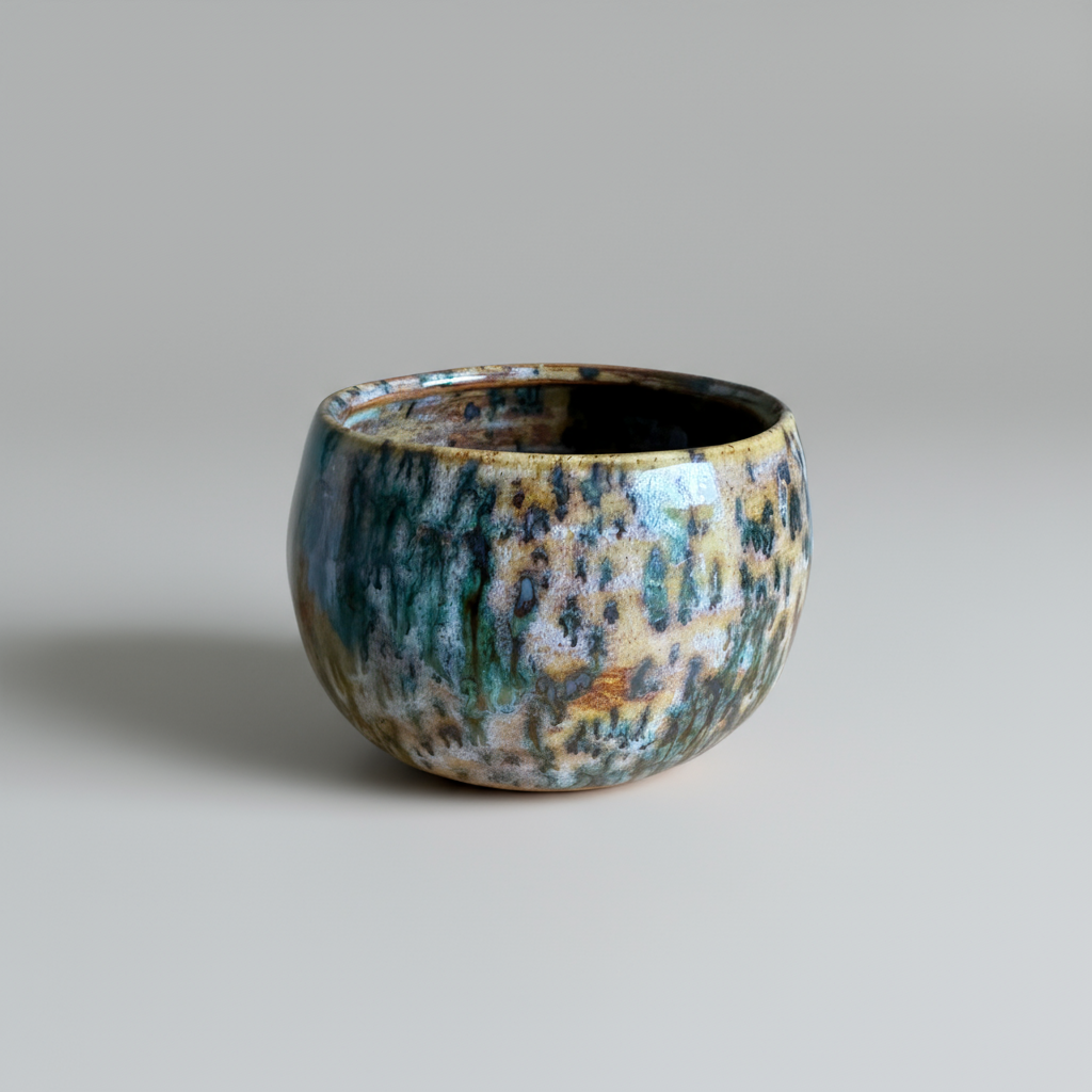 Ceramic bowl with a green / pink glaze glaze on a gray background