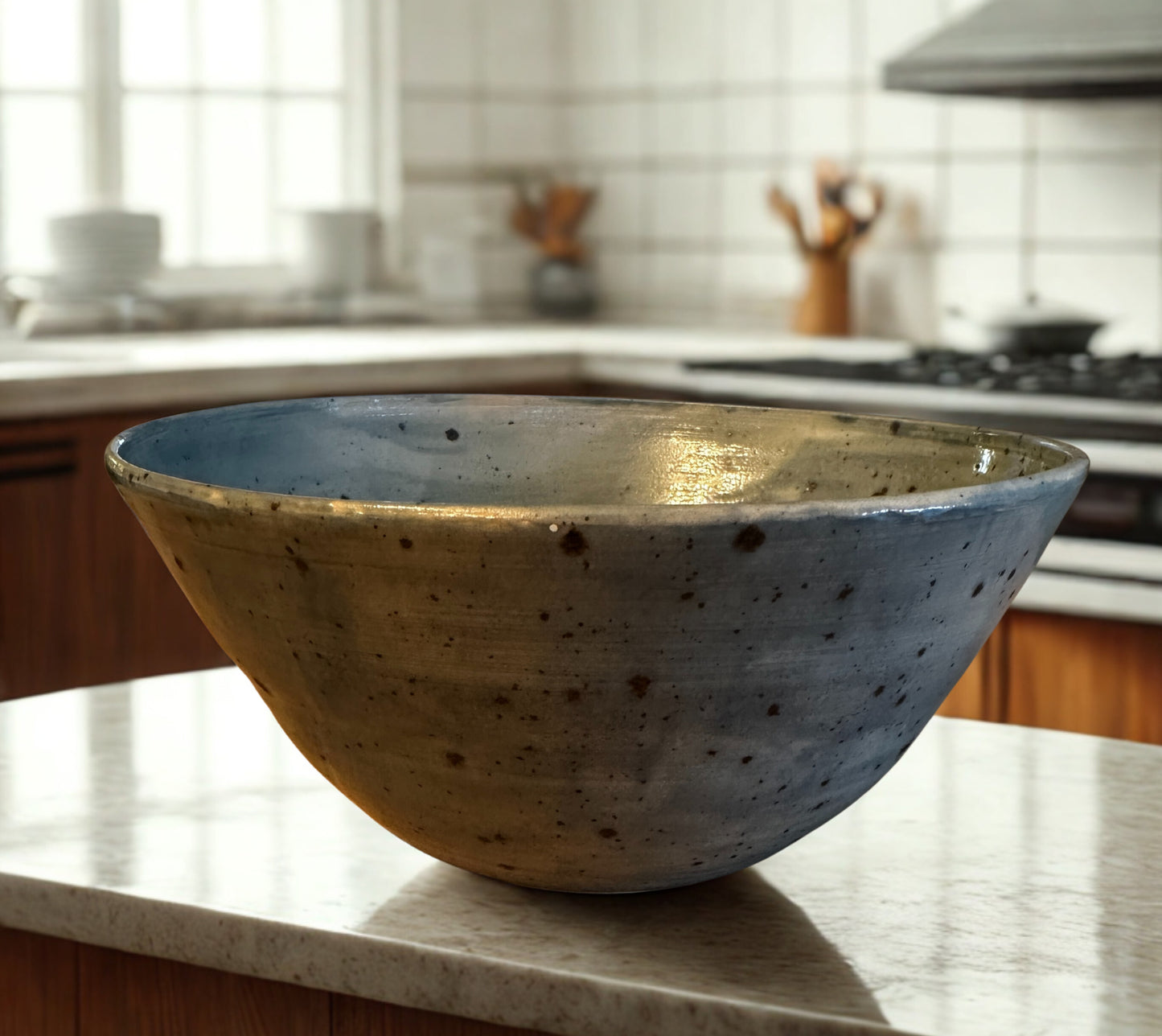 Large ceramic bowl with a blue grey glaze on a kitchen counter with a  kitchen background