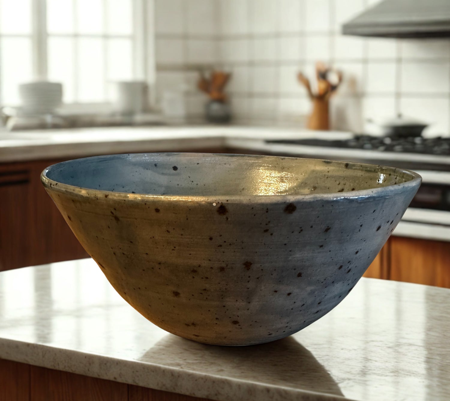 Large ceramic bowl with a blue grey glaze on a kitchen counter with a  kitchen background