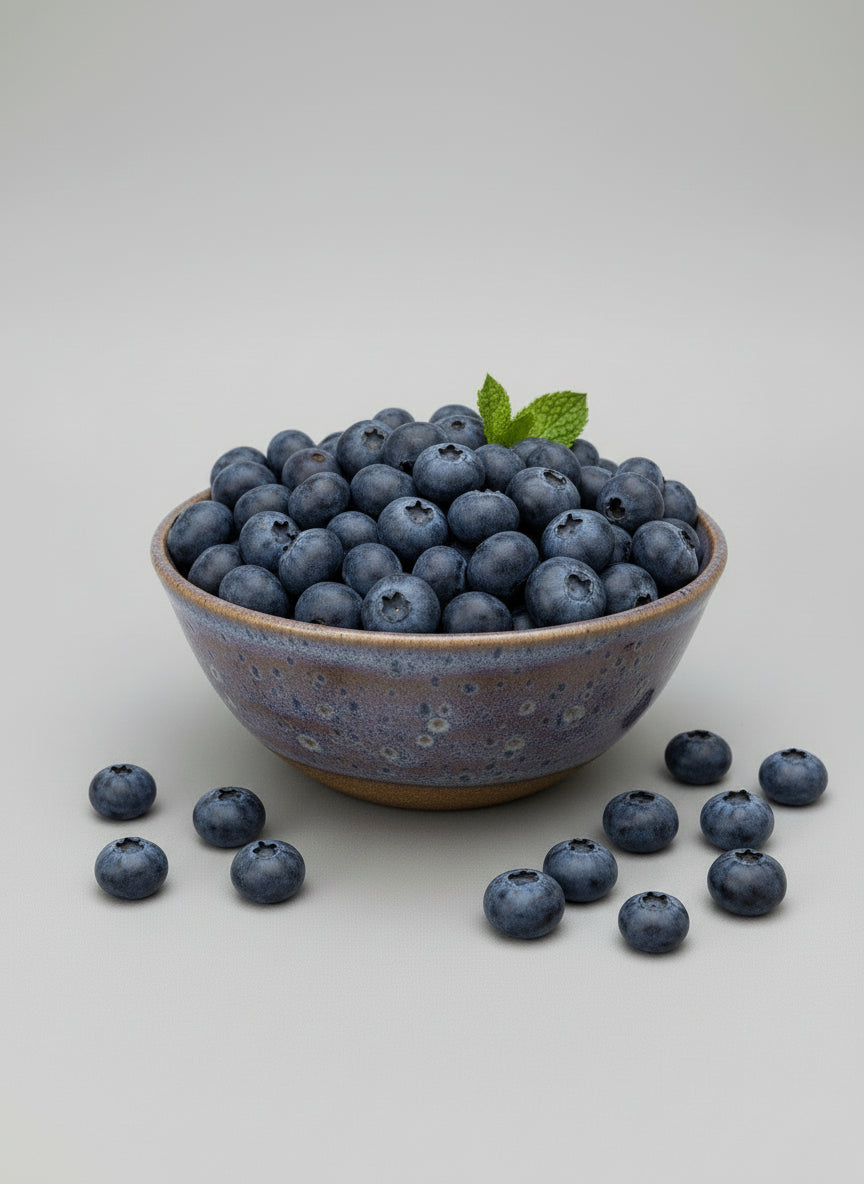 Decorative ceramic bowl on a white background full of blueberries